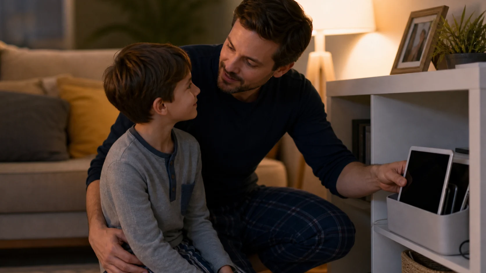 Parent &eacute;changeant calmement avec son enfant apr&egrave;s avoir rang&eacute; la tablette pour la nuit