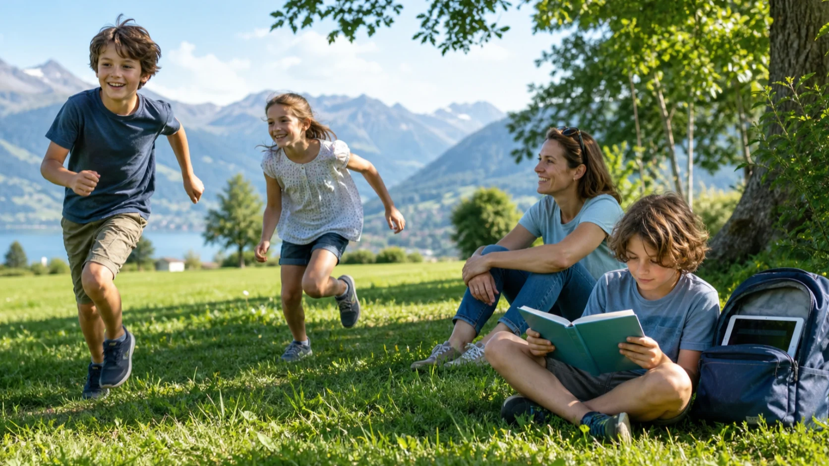 Enfants jouant et lisant dehors dans un parc suisse lumineux