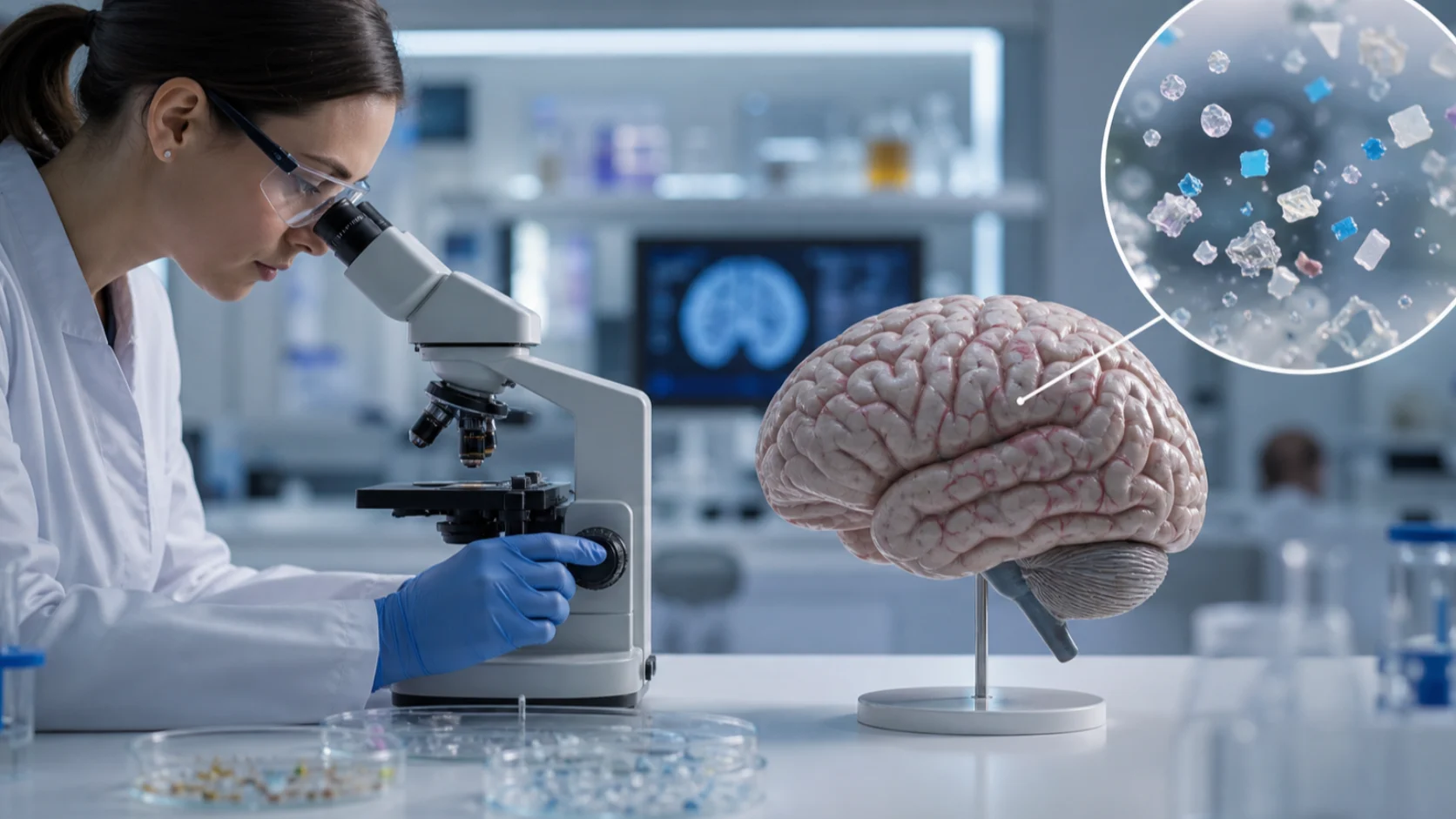 Chercheuse étudiant des microplastiques à proximité d’un modèle anatomique du cerveau
