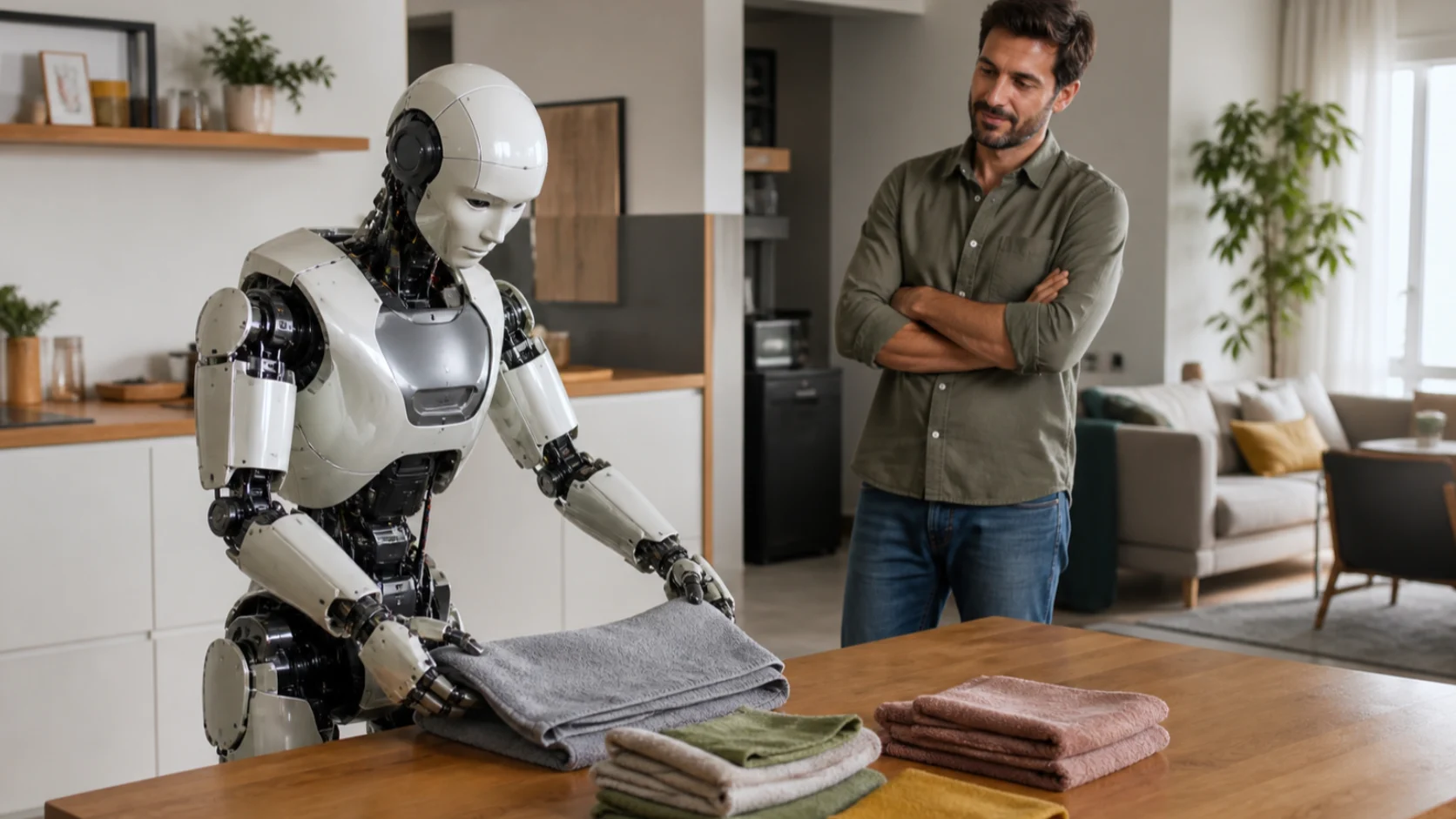 Ein humanoider Roboter faltet zu Hause Handtücher unter Aufsicht eines Erwachsenen
