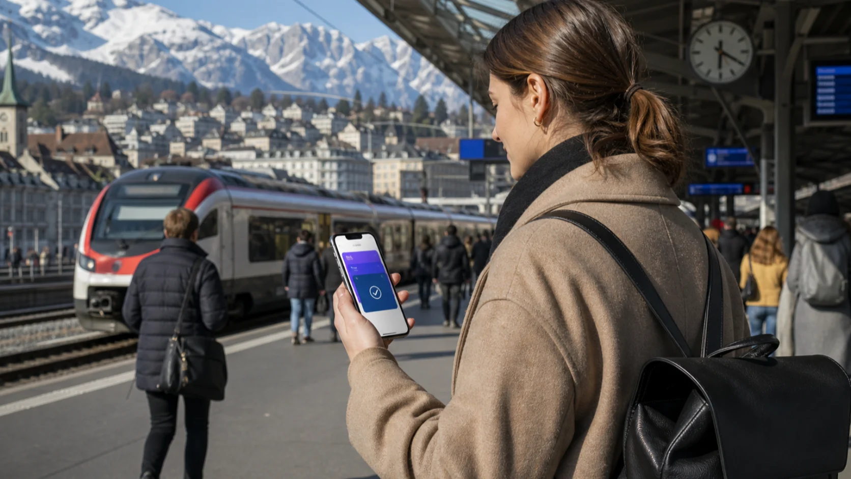 Voyageuse suisse utilisant un portefeuille d’identité numérique dans une gare