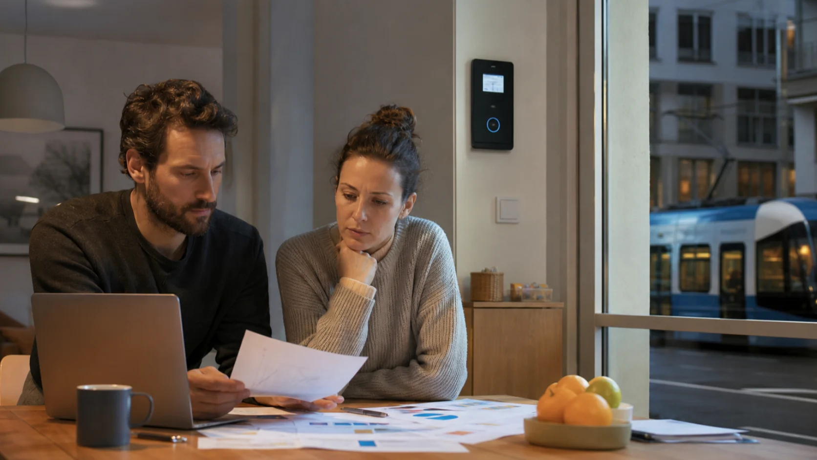 M&eacute;nage suisse examinant son budget d&rsquo;&eacute;nergie et de mobilit&eacute; pr&egrave;s d&rsquo;une ligne de tram
