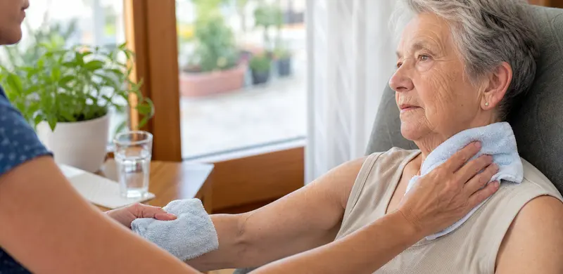 Rafraîchissement d’une personne âgée avec des linges humides sur la nuque et les bras