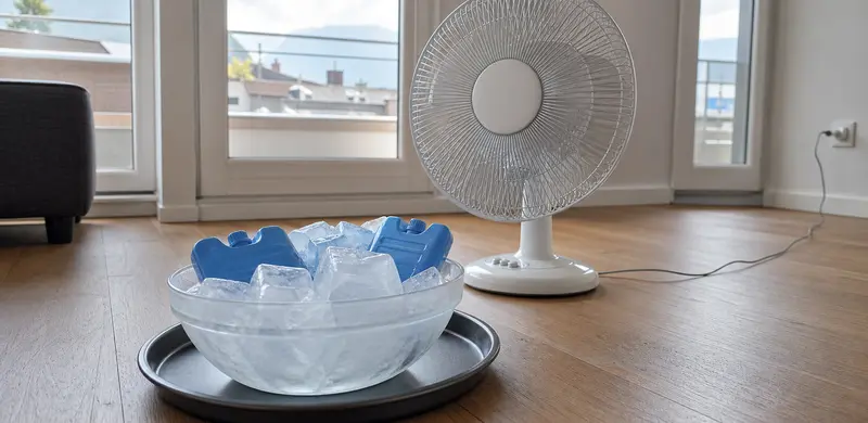 Bol de glaçons placé en sécurité devant un ventilateur pour rafraîchir localement l’air