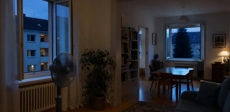 Deux fen&ecirc;tres oppos&eacute;es ouvertes la nuit avec un ventilateur pour &eacute;vacuer la chaleur